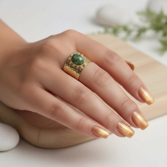 Elegant 18K Gold Plated Adjustable Ring with Moss Agate Stone, Fits 7-8 💍 - Picture 16 of 17